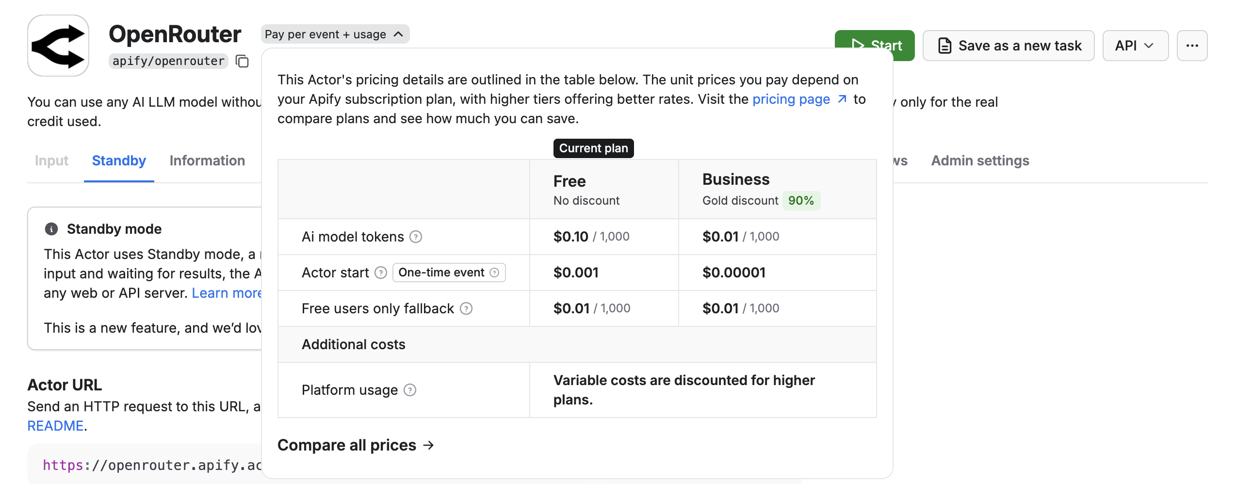 Pay per event with usage not included in Apify Store